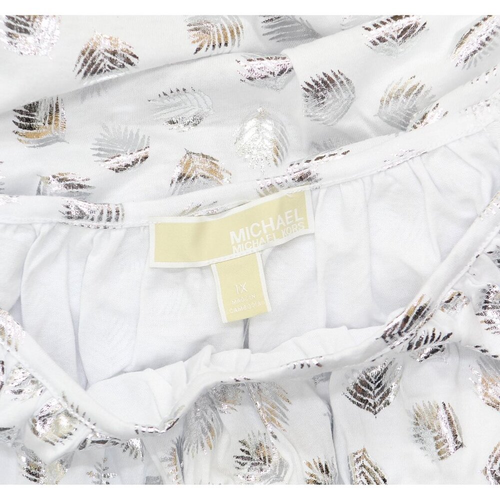 NWT Michael Michael Kors Plus Size Metallic-Print Flare-Sleeve Top White 1X - Picture 4 of 9